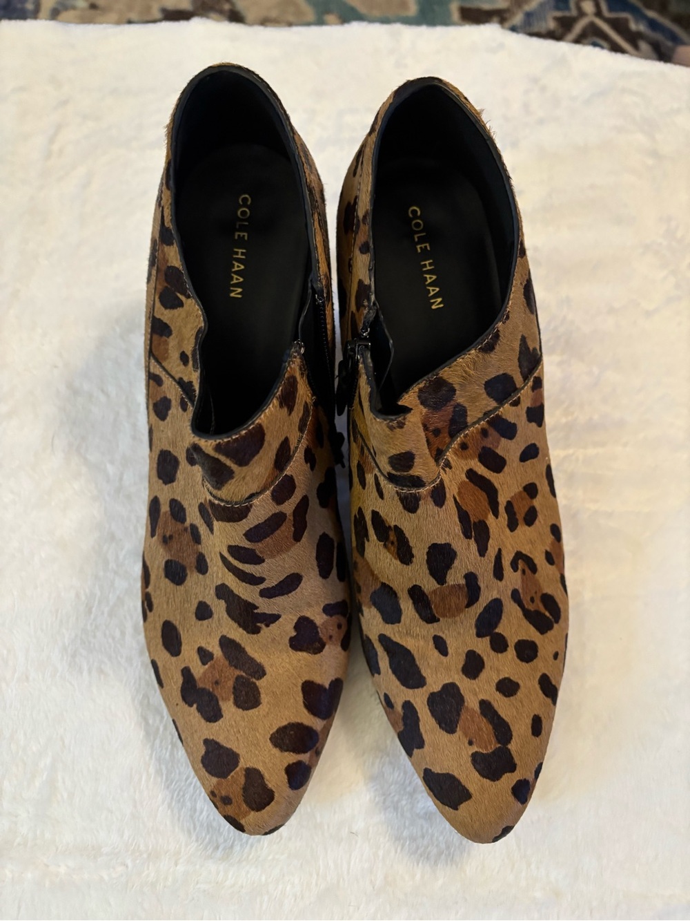 Cole Haan Tan and Black Leopard Print Pointed Booties
